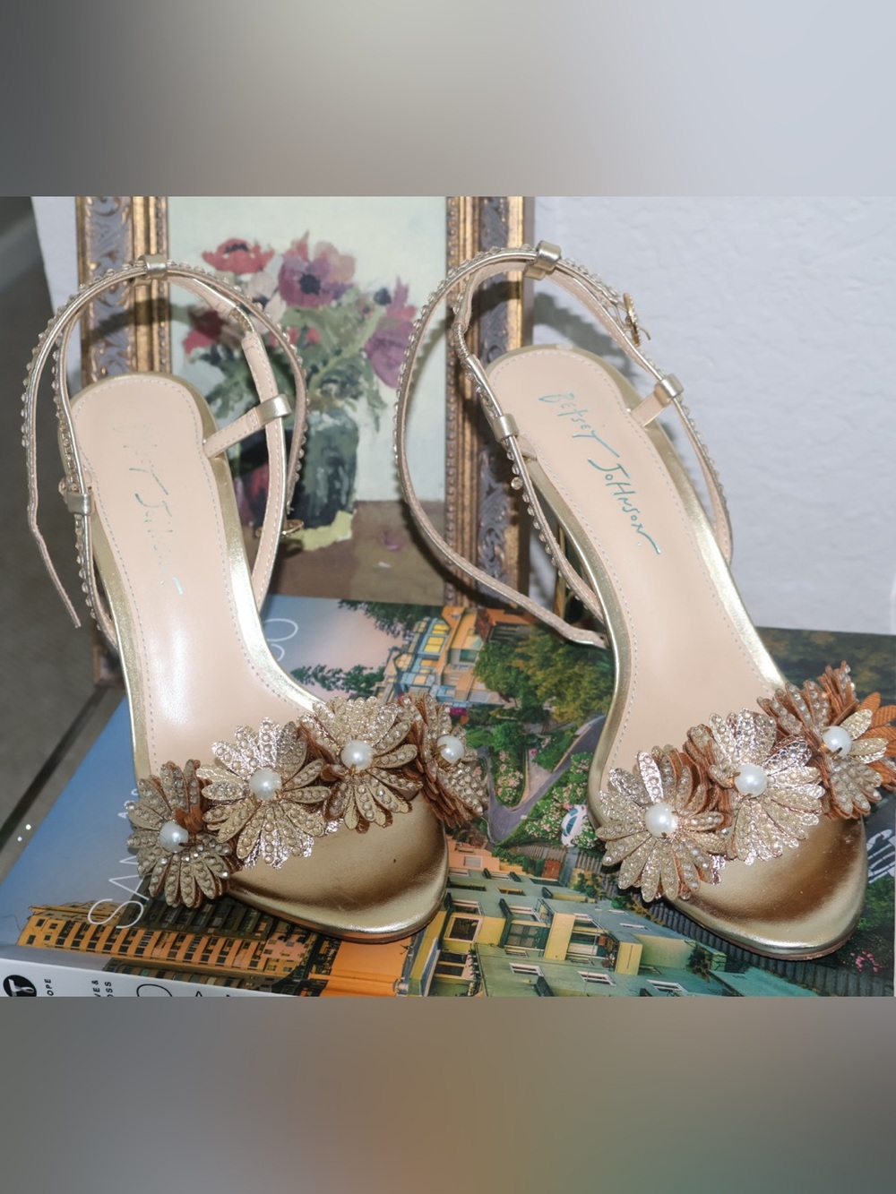 Betsey Johnson Mylee Floral Embellished Heels | Gold | Size 7.5 | Worn Once